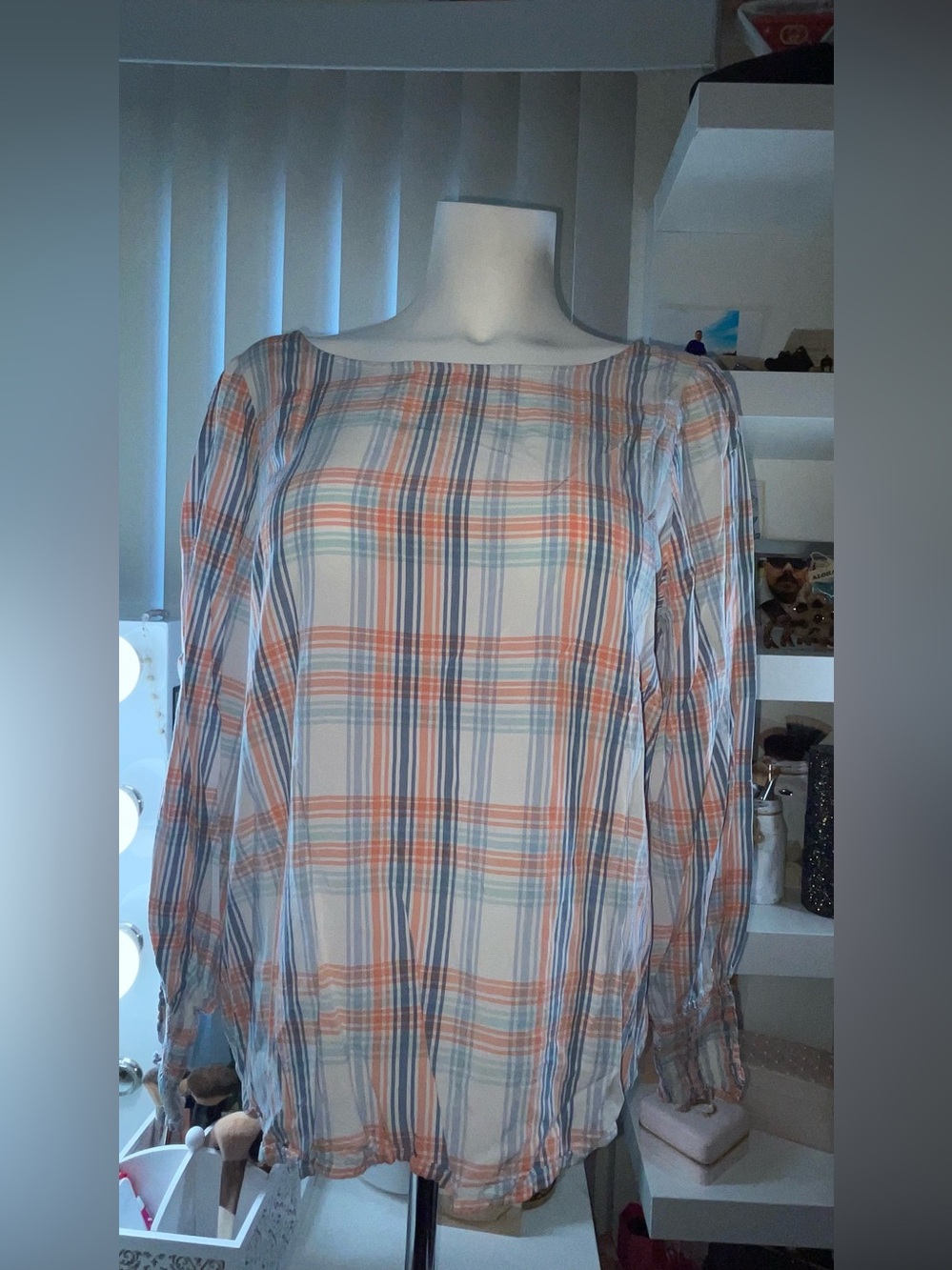 Ann Taylor Factory Plaid Boatneck Top in Peach, Blue & White